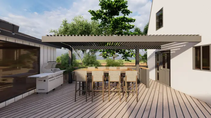 3D design of a pergola over an outdoor bar