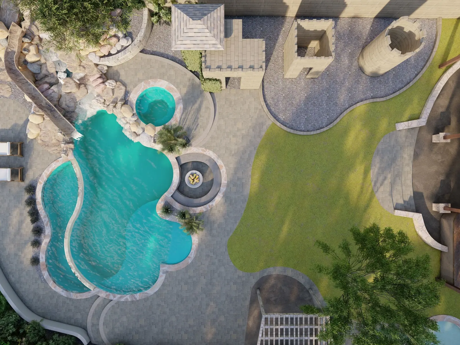 Top-down 3D rendering of the redesigned lagoon pool, spa, patio and lawn