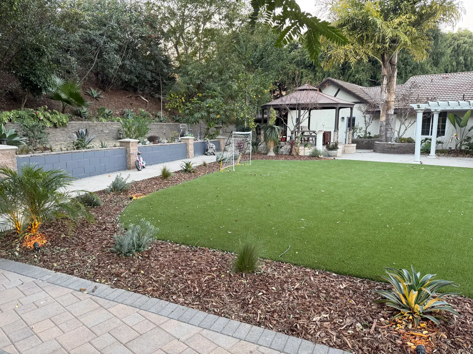 After: finished La Habra backyard with turf lawn, paver walkways, planting and a gazebo kitchen
